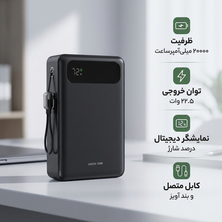 پاوربانک 22.5 وات گرین لاین مدل ZUNO ظرفیت 20000 میلیآمپرساعت